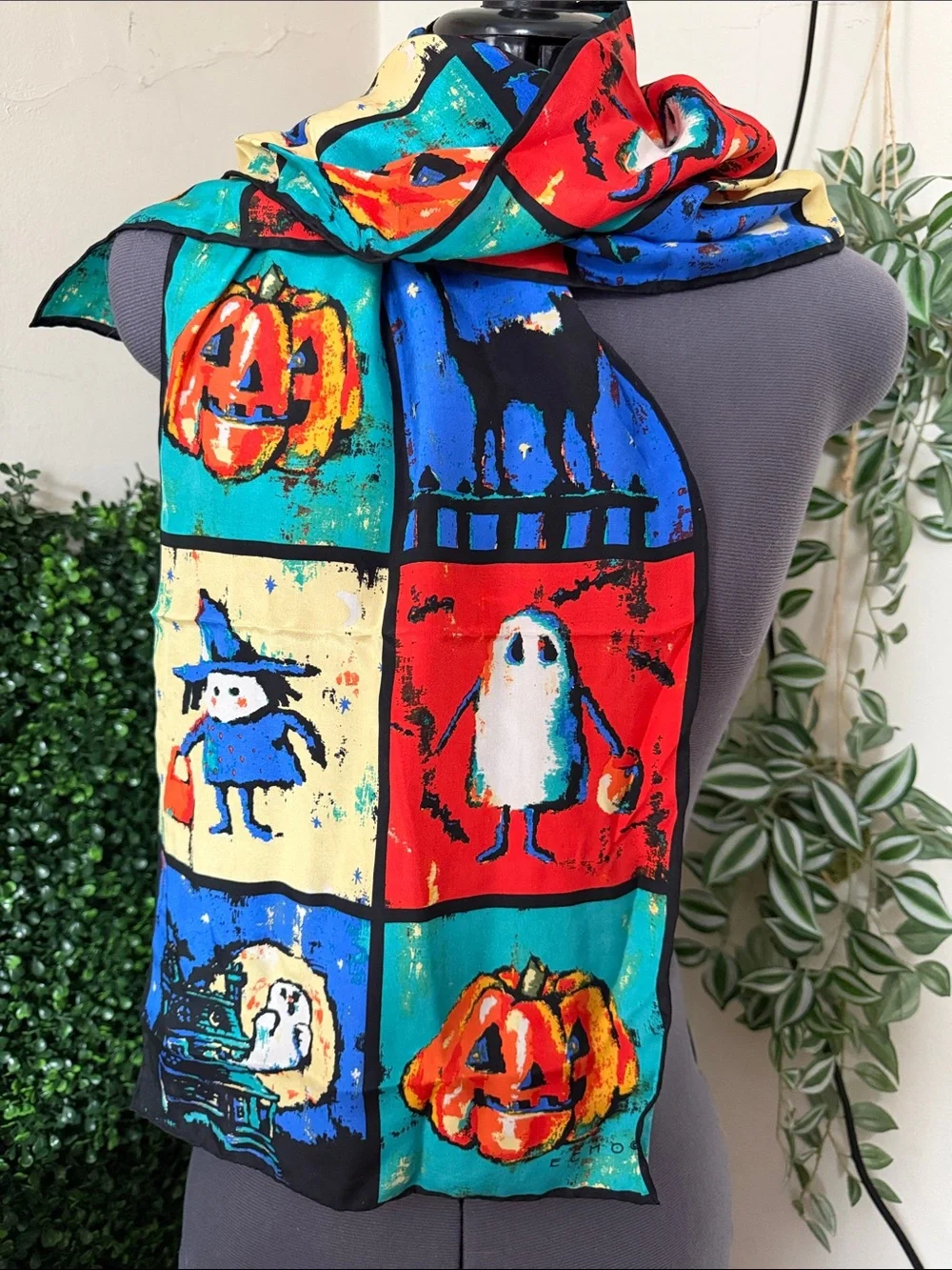 Echo Halloween Patchwork Scarf in Blue, Red, Teal, Yellow, Black